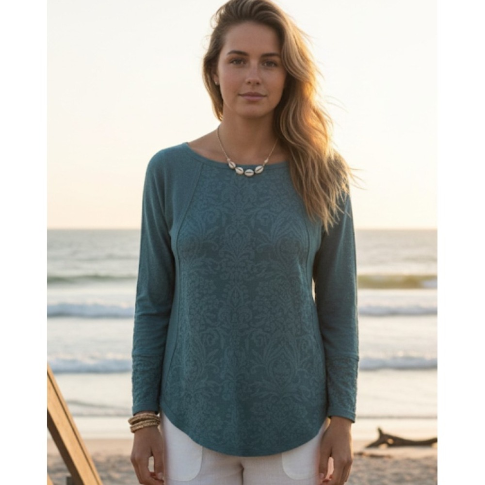 SOFT SURROUNDINGS Timely Printed Blouse Tunic Teal Green Size S Top‎ Blouse 345